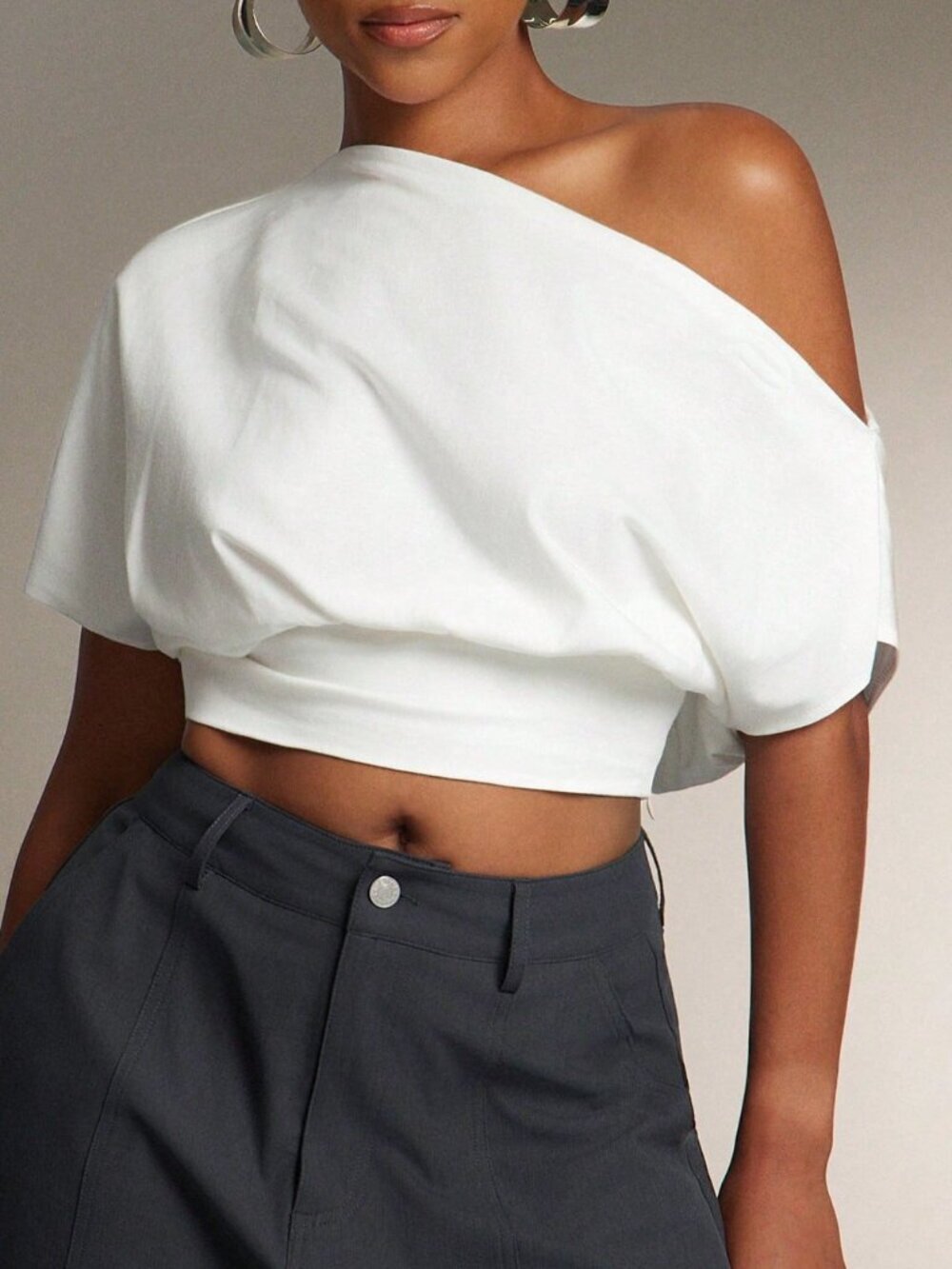 White Casual Women's Cinched Waist Off Shoulder Top Tops Tshirt - Picture 4 of 5